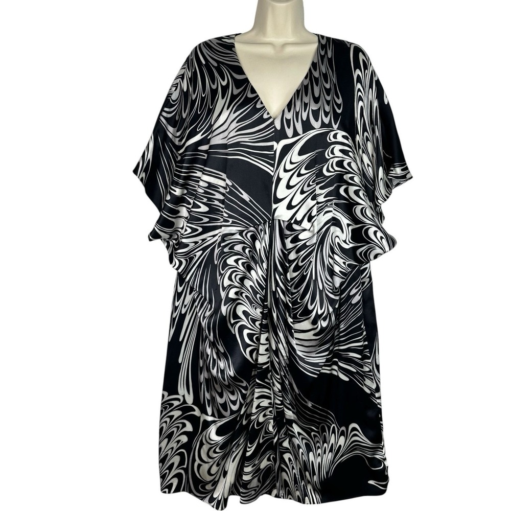 Escada Silk Dress Womens XXL 16 Black White Abstract Print Draped Midi Lined 46